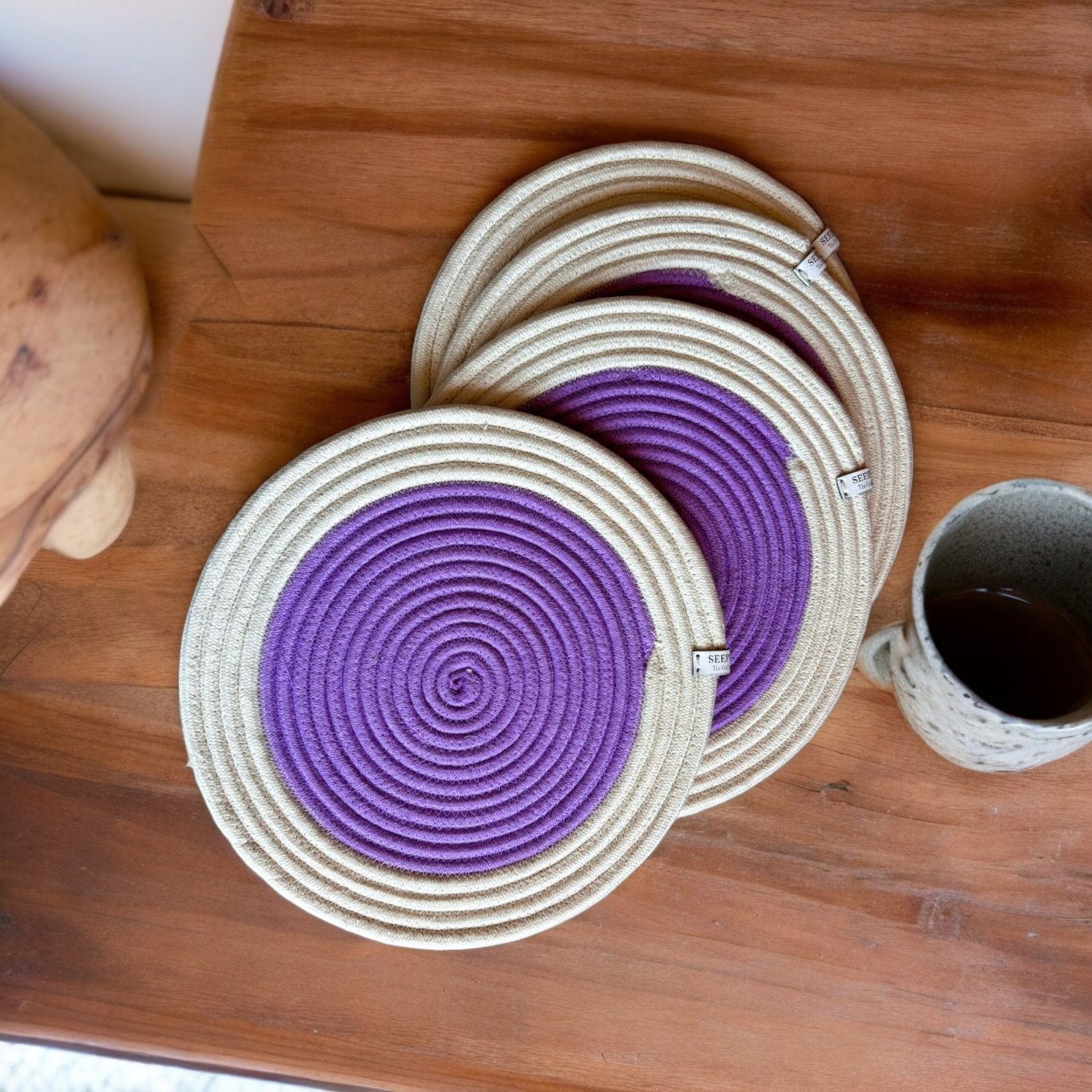 Cotton placemats set of 4 in off white and purple color Cotton placemats set of 4 in off white and purple colour